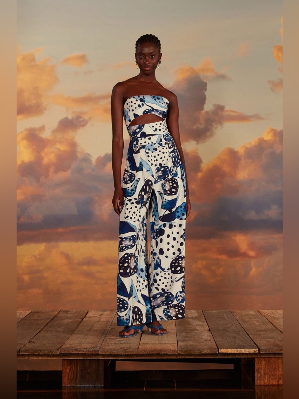 FARM Rio Blue and White Strapless Cutout Jumpsuit